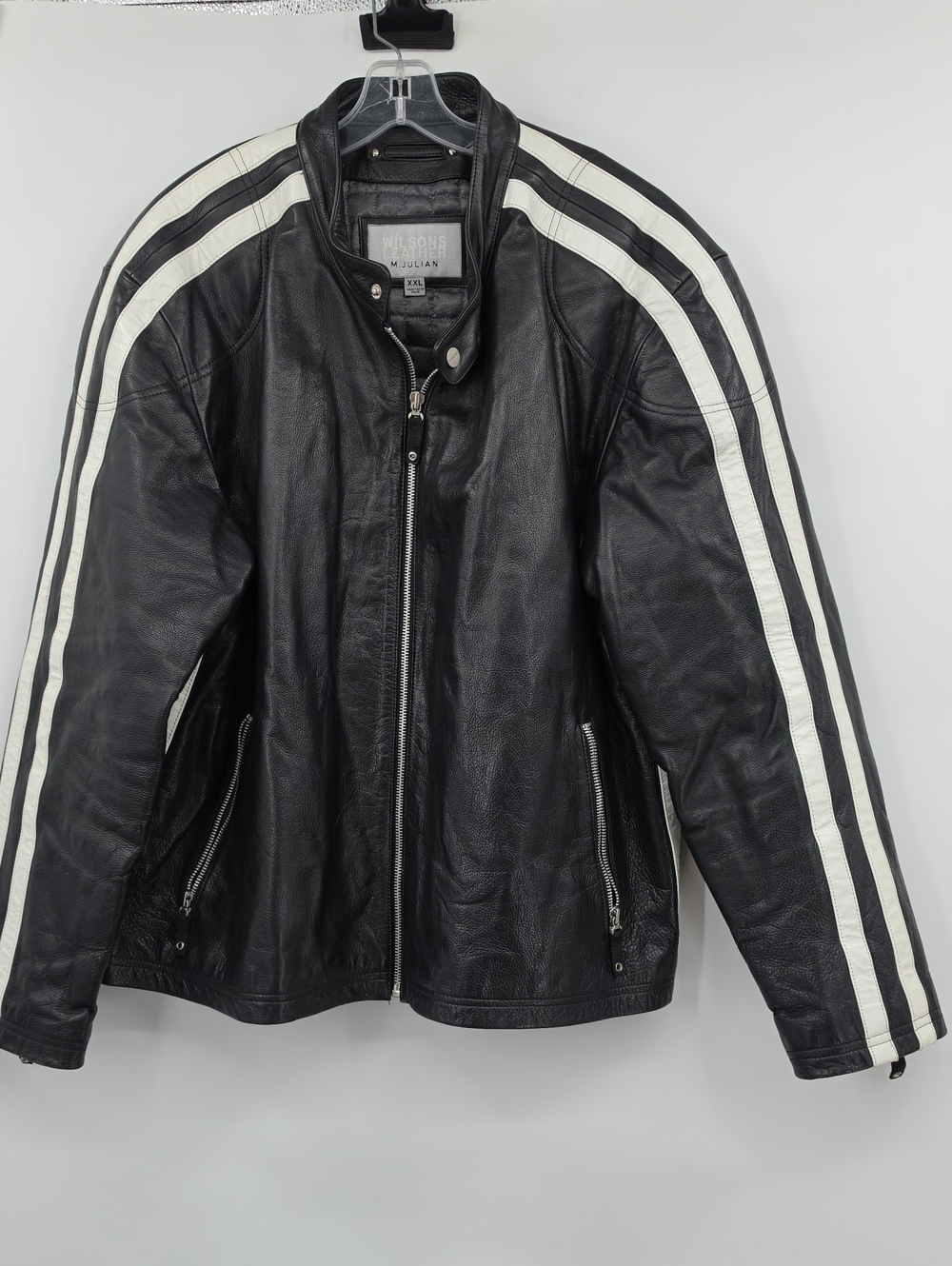 Wilson Black Leather Bomber Jacket with White Racing Stripes Size XXL